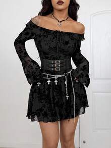 Coolane Women's Fall/Winter All-Season Y2K Goth Chic Rave Outfit Break Outfits Lace Stretchy Comfortable Halloween Outfits Textured Bell Sleeves Black Mini Dress - Black - View 3