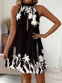 SHEIN Clasi Đầm cổ yếm họa tiết hoa giản dị dành cho nữ, thích hợp cho kỳ nghỉ - màu đen - Xem 4