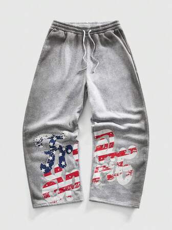 Street Life Herren modische Retro Buchstaben Muster Sprühfärbung Jogginghose mit gebogenem Saum