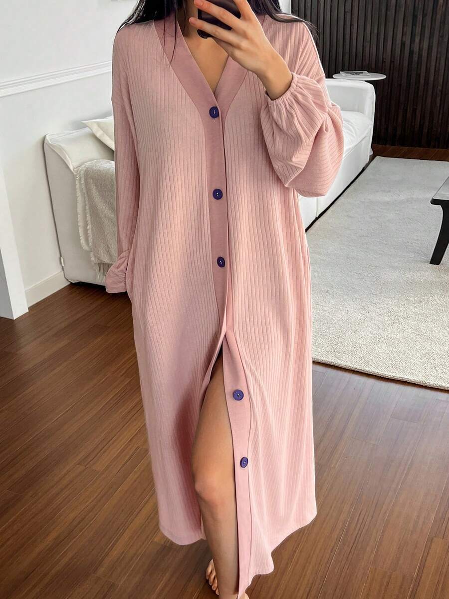 DAZY 条纹针织灯笼袖撞色纽扣装饰宽松长款女式睡袍