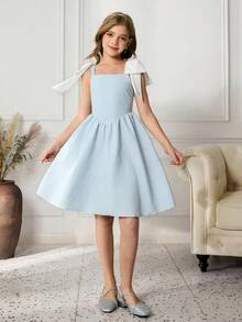 少女优雅别致奢华蓝色提花性感吊带可爱白色蝴蝶结可拆卸腰部荷叶边华丽连衣裙 - 藍色 - 查看 4