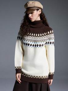 MYSTAURA Women's Casual Colorblock Geometric Pattern Turtleneck Sweater, Autumn/Winter - لون مشمشي - مشاهدة 1