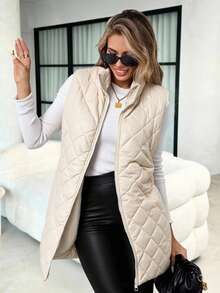 SHEIN Clasi Solid Quilted Vest Coat For Autumn & Winter - Apricot - View 3