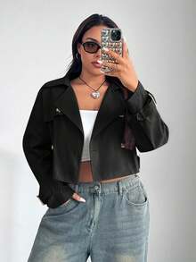 SHEIN EZwear Áo khoác trench coat đen cắt ngắn phong cách cổ điển cỡ lớn có cổ - màu đen - Xem 4
