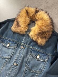 ROMWE MEN Men's Casual Patchwork Fuzzy Collar Ombre Denim Jacket, Autumn/Winter - Blue - View 3