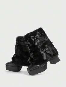 Sugerpunk Women's Bowknot Furry Fringe High Heel Platform Black Boots, Warm Winter Square Toe Cute Christmas Style Ankle Boots - Black - View 3
