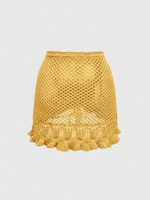 ROMWE Women's Summer Beach Casual Vacation Hollow-Out Knit Skirt - Yellow - View 2