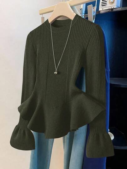 Franclia Maglione elegante a maniche a campana, vita aderente, colore unito, adatto per autunno/inverno