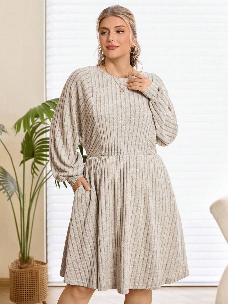 Plus Size Women's Casual Everyday Commute Simple Solid Color Ribbed Lantern Sleeve Cinched Waist Knit Dress, Spring/Autumn Winter Outfit For Women Christmas Outfit For Women New Year Clothes  Elegant Party Blouse Beige Dress For Women Curve Casual Dress  Comfy Dress Valentine's Day, Mother Clothing, Comfortable And Casual Plus Size Casual Dress Lantern Sleeve Dress Women Plus Dress Spring Break Outfits