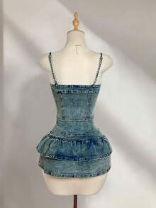 Elamini Fashionable Casual Y2K Denim Dress With Spaghetti Straps, Ruffle Trim And Open Front