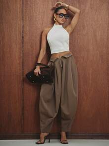 Hauture Women's Balloon Leg Pant With Low Rise Turn Down Waistband - Brown - View 3