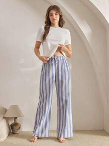 Ocili Quần vải cotton pha trộn sọc cơ bản có dây rút, quần mặc nhà thoải mái dễ chịu cho mùa thu, thời trang mùa thu và mùa đông - Xanh và trắng - Xem 3