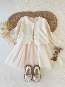 SHEIN 2pcs/Set Young Girls Round Neck Long Sleeve Jacket Top + Sleeveless Mesh Skirt Dress, Apricot Bow Elegant Casual Birthday Dress Outfit, Suitable For Daily Outing, Travel, Holiday, Party - Apricot - View 7