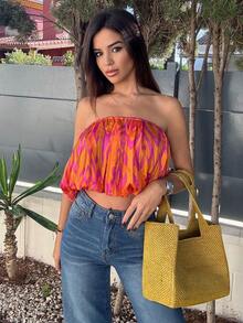 Maca Silvats Women Vacation Beach Style Oil Painting Print Chiffon Halter Cropped Top, Spring/Summer - Orange - View 3