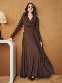 Anewsta Robe midi élégante à col V plissée à la taille pour femmes