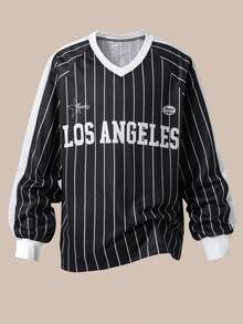 Casuvi Kids Tween Boys' Casual Black And White Striped Contrast Letter V-Neck Long Sleeve T-Shirt,Loose Fit Comfortable Streetwear School Autumn Back-To-School - Multicolor - View 6