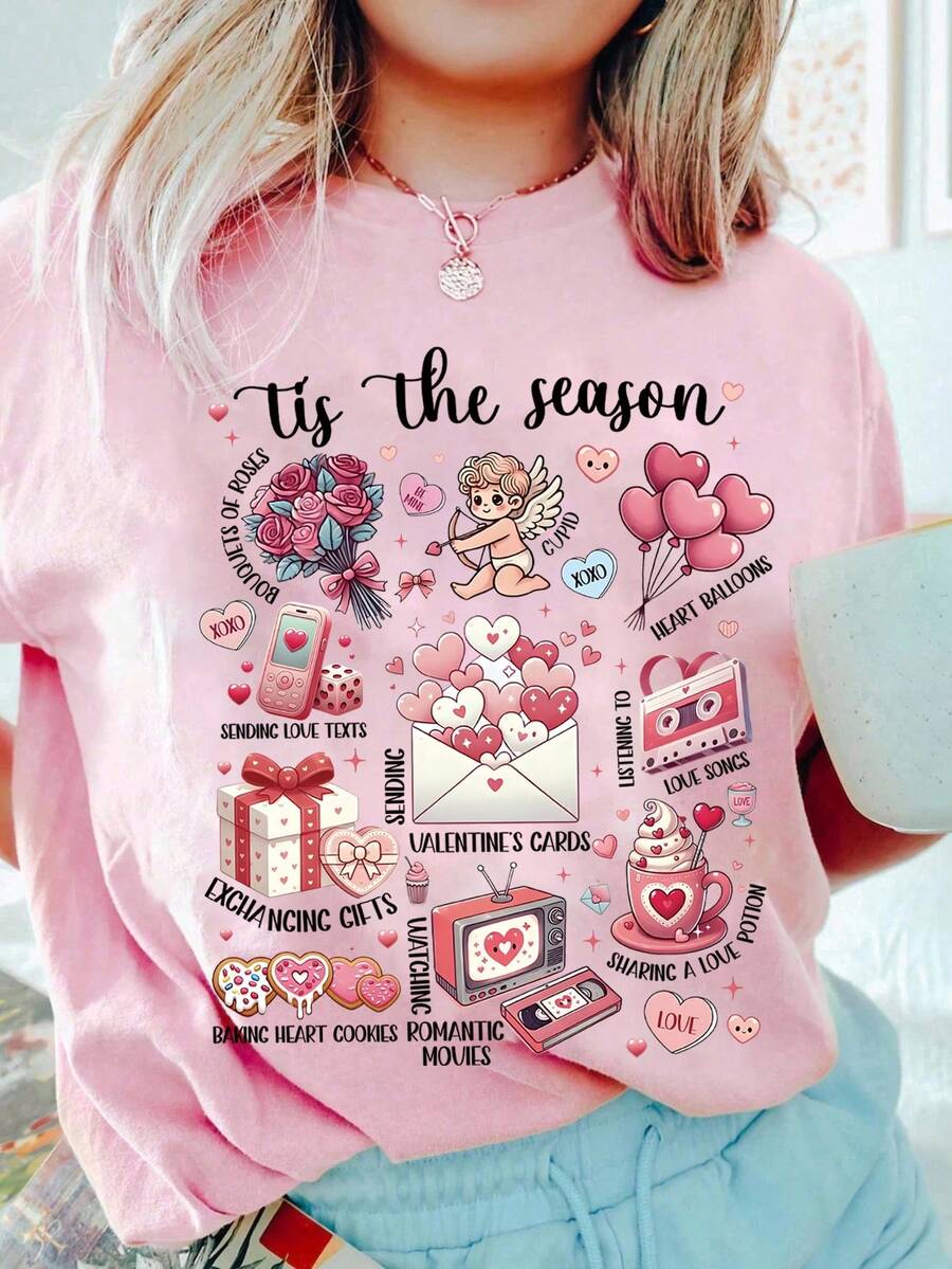 SHEIN LUNE Áo thun giáo viên Tis The Season Valentine, Áo thun Valentine cổ điển, Màu hồng, Áo thun tình yêu, Áo thun Valentine cho bé gái, Áo thun Valentine, Áo thun ngày Valentine cổ điển, Áo thun tình yêu Valentine - Hồng - Xem 1