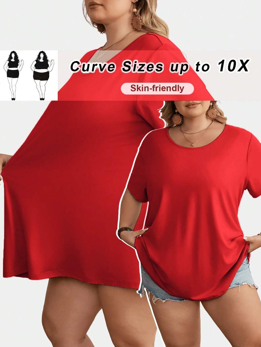 SHEIN CURVE+ Áo thun nữ tay ngắn cổ tròn trơn màu cỡ lớn/2026/Năm mới - Đỏ - Xem 1