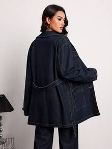 SHEIN Tall 女士秋冬时尚通勤休闲舒适翻领长袖单排扣多口袋休闲腰带牛仔夹克 - 深色水洗藍 - 查看 2