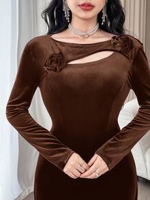 Feyla Women's Elegant Velvet Floral Decor Hollow Out Waist Fitted Mermaid Hem Long Dress, Autumn