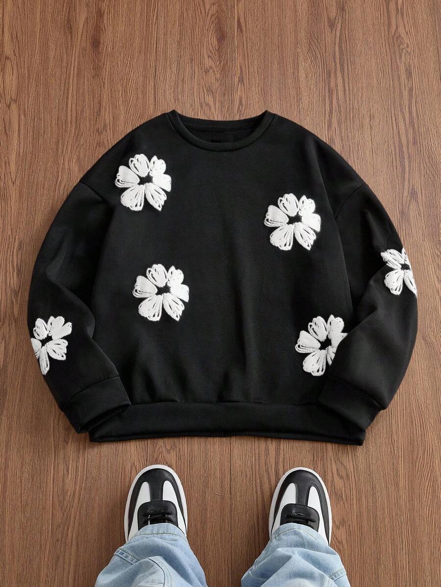 SWAVVY Men's Casual Floral Knit Crew Neck Long Sleeve Pullover Sweatshirt - Black - View 1