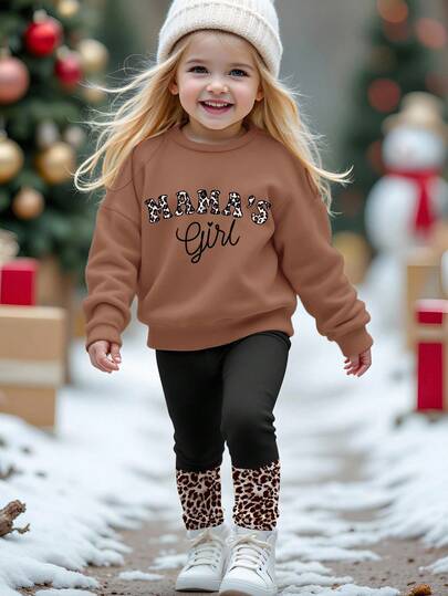 Emery Rose Kids Emery Rose Kids 2 件幼儿女童休闲豹纹“MAMA'S GIRL”字母图案长袖卫衣和裤子套装，卡通印花，适合秋冬季