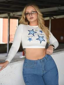 Arliah 1 pieza Parte superior corta ajustada con estampado de estrella de manga larga y cuello redondo para mujer para primavera y otoño - Blanco - Ver 1