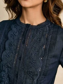 Poéselle Women's Casual Lace Patchwork Floral Embroidery Long Sleeve Shirt, Autumn Cotton - Navy Blue - View 6