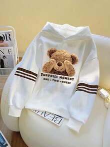 SHEIN Women's Casual Striped Bear Print Sweatshirt, Autumn/Winter - White - View 4