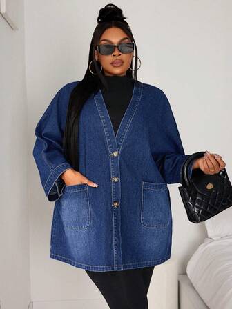 SHEIN CURVE+ Plus Size Women Loose Denim Cardigan Jacket, V-Neck Casual Cowboy Outfits For Women, Mid-Length Plus Size Denim Jacket