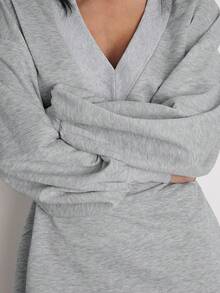 Easelle Casual Retro Cinched Waist Deep V Oversized Women Sweatshirt Dress Lounge Dress Sporty Dress - Grey - View 6