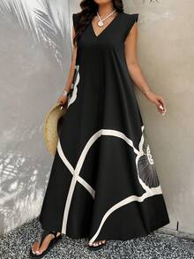 SHEIN LUNE CURVE Váy Maxi Chữ A Họa Tiết Hoa Màu Đen Cỡ Lớn, Váy Maxi Mặc Đi Nghỉ Thường Ngày, Xuân/Hè - màu đen - Xem 4