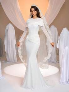 Aureia Elegant Lace Patchwork Mesh Round Neck Long Sleeve Mermaid Wedding Dress - White - View 6