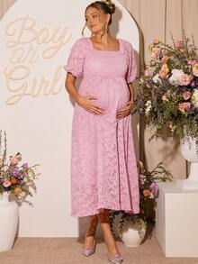 Loomaby 孕妇方领泡泡袖提花褶皱优雅连衣裙 - 粉色 - 查看 5