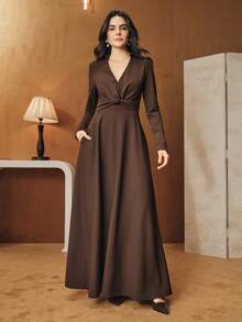 Anewsta Robe midi élégante à col V plissée à la taille pour femmes