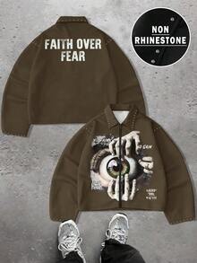 PAVTROS Men's Street Fashion Eye Print Zip-Up Jacket Zip Up Jacket Graphic Men Graphic Jacket Eye Graphic Jacket Men Brown Jacket Studded Jacket - Multicolor - View 2