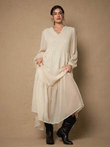 SHEIN VCAY Plus Size Elegant Solid Color Notched Neck Long Dress, Suitable For Commuting Chiffon Dresses For Women Layered Dress Cream Dresses For Women - Beige - View 5