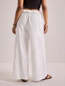 Freevana Plus Size Women Casual Drawstring Waist Loose Wide Leg Pants, Solid Color, Versatile For Vacation, Daily Commute White Pants  Casual Wide-Leg Pants - White - View 5