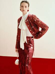 Arave Women's Plaid Embroidered Sequined Overcoat, H-Line Silhouette, Round Neck, Hand-Beaded Design, Modern Party Jacket   Red Coat  New Year Coat