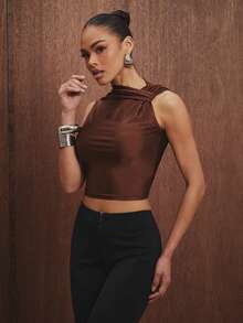 Hauture Women's Solid Color Twist Ruched Design Fitted Sleeveless Casual Commuter Top - Brown - View 2
