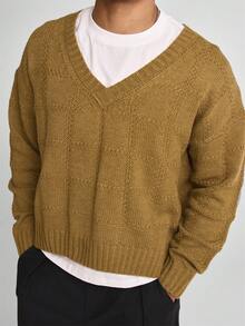 Musero 宽松版型长袖深V领罗纹袖口和领口针织套头衫，秋冬必备单品 - 軍綠色 - 查看 2