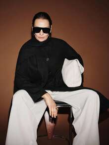 Lumivelle Women's Elegant Minimalist Scarf Collar Loose Fit Wool Coat, Autumn/Winter - Black - View 4