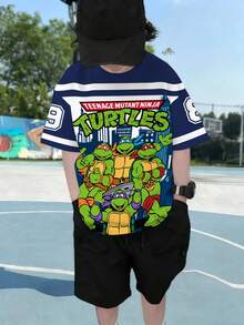 TEENAGE MUTANT NINJA TURTLES | SHEIN 青少年男孩条纹卡通图案圆领短袖T恤 - 白色 - 查看 8