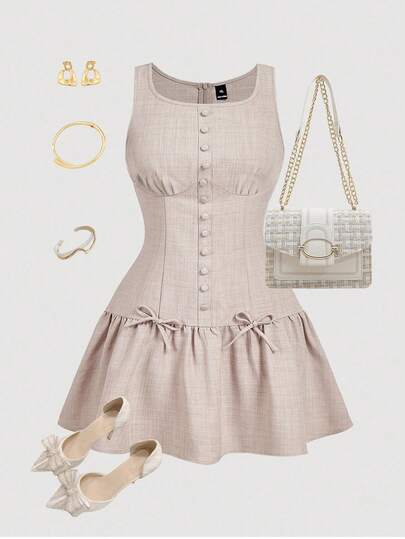 SHEIN MOD Plus Size Button & Bow Decor Short Dress, Elegant For Commute And Versatile For Daily Wear,Sleeveless Mini Dress For Women With Button & Bow Decor,Best Selling Dresses Casual Dresses For Woman,Fall Party & Club Wear,Summer Dresses For Women,Tea Party Dress,Cute Dress,Homecoming Dress,Old Money Style,Graduation Dress, Corset Dress Neutral Dress, Valentine's Day, Tea Party Outfit Women, Linen Outfit