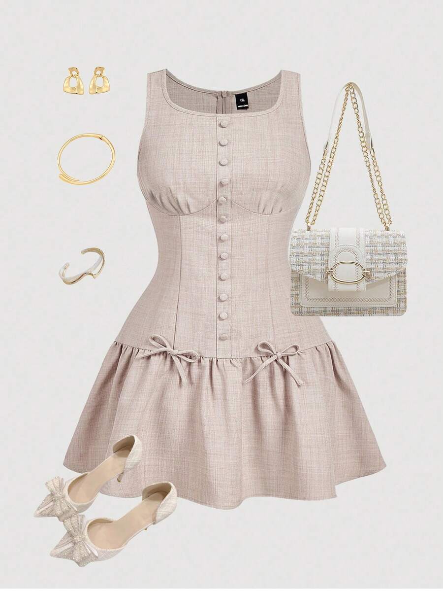 SHEIN MOD 大码纽扣和蝴蝶结装饰短裙，优雅通勤，百搭日常穿着 - 卡其色 - 查看 1