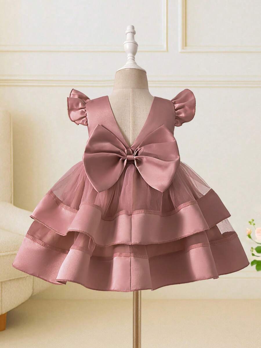 Glamorique Kids 女婴粉色V领荷叶袖连衣裙,后背蝴蝶结设计,优雅大方,适合日常穿着,适合各种场合,展现女孩的甜美气质和时尚风格。 - 粉色 - 查看 1