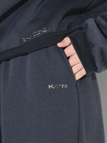 女士高腰阔腿抽绳运动裤，弹性腰带，宽松休闲运动裤，KIZN品牌标志 - 寶藍色 - 查看 6