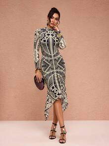 JIAN LASALA 全身印花网纱高领长袖修身中长连衣裙，不对称下摆，图案设计，优雅迷人，适合派对、婚礼等场合，尽显女王风范。 - 彩色 - 查看 7