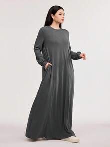 Veilorie Váy dài tay đơn giản màu trơn phong cách Ả Rập cho nữ, mùa xuân thu, váy dài tay giản dị, hoàn hảo cho trang phục đi biển/thường ngày/nghỉ dưỡng/ở nhà/mặc hàng ngày - Màu xám đen - Xem 4