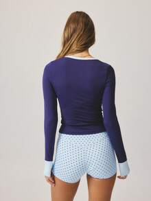 Aralina Stretch Knit Long Sleeve Contrast Trim Deep V Neck Slim Fit Spring Clothes Cute Summer Tops Women Top